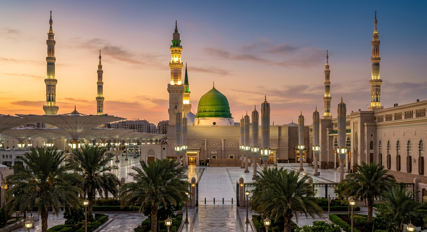 Masjid Nabawi Madinah — Kubah Hijau dan Menara saat Golden Hour