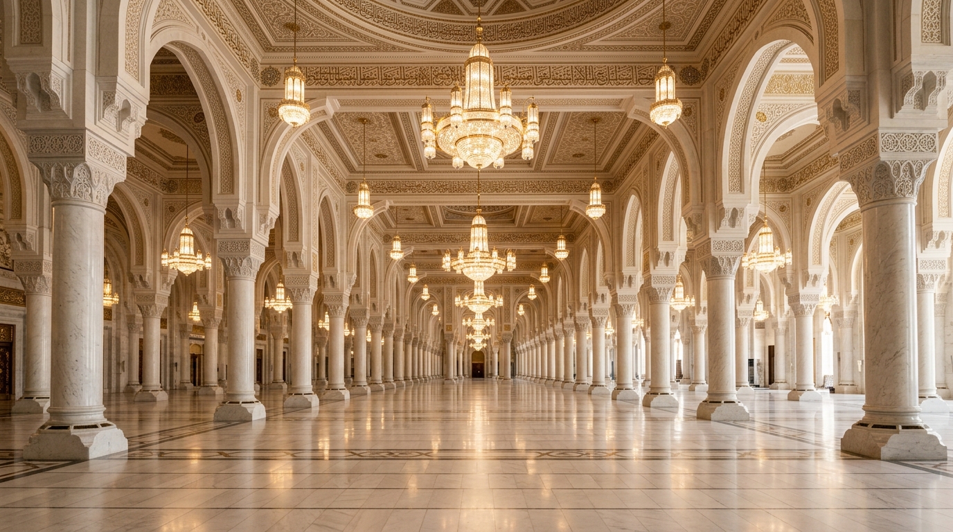 Interior Masjidil Haram dengan kolom marmer dan chandelier